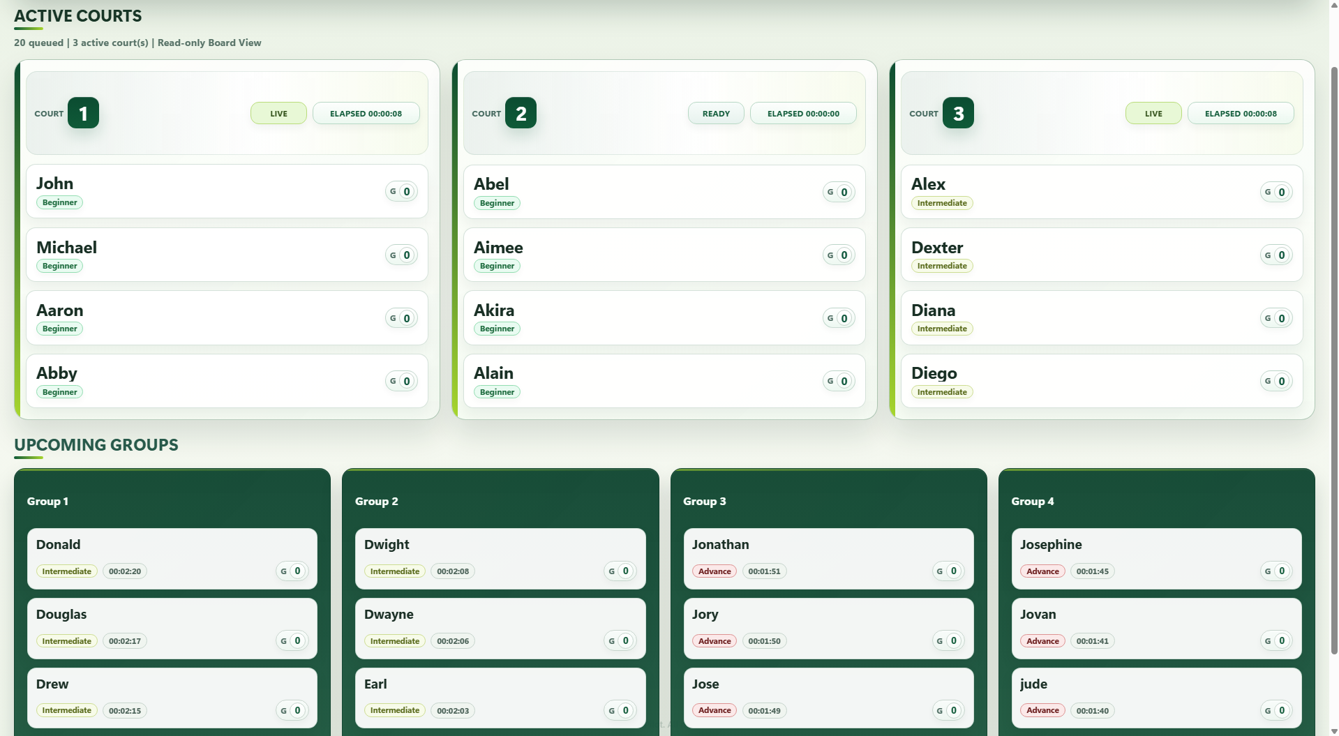 CourtPilot player board showing active courts and upcoming groups