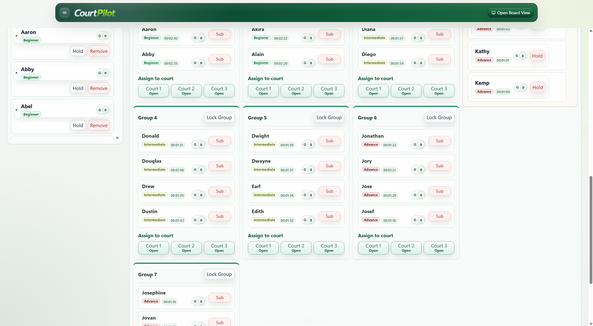CourtPilot staff view showing upcoming groups and returned players