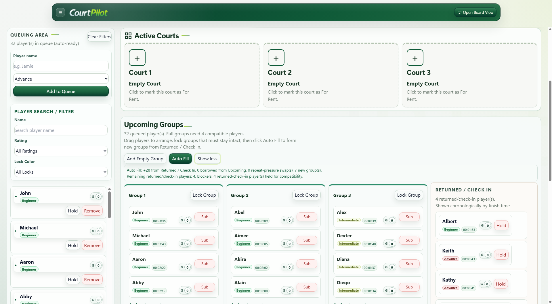 CourtPilot staff view with queue, active courts, and upcoming groups